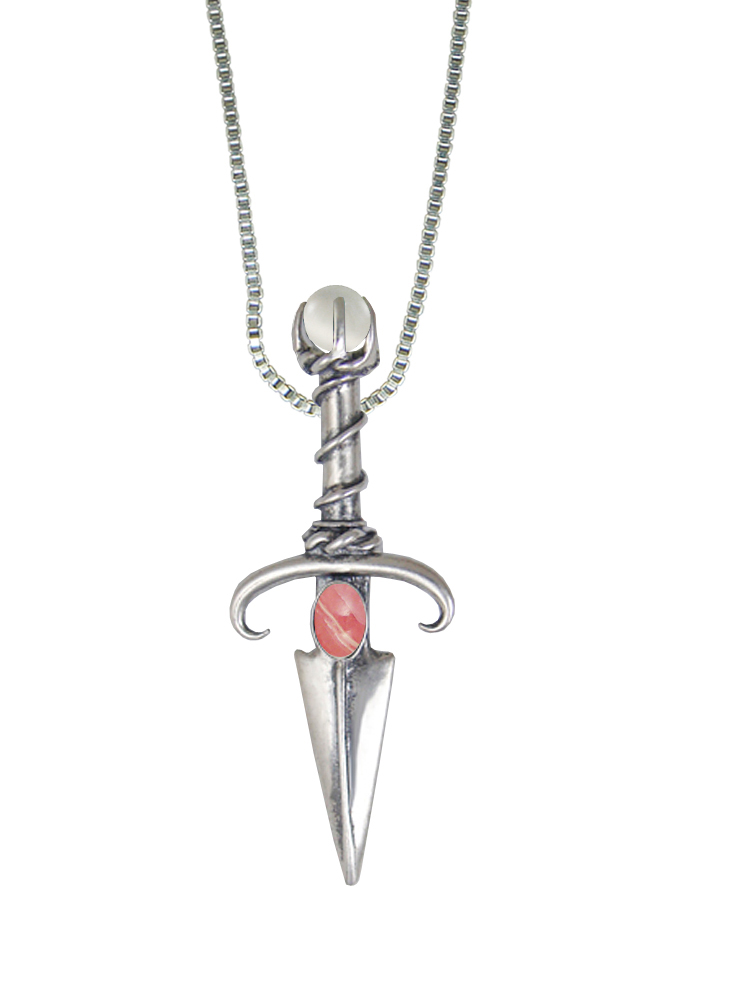 Sterling Silver Black Prince's Knife Dagger Pendant With Rhodocrosite And a Clear Glass Bead